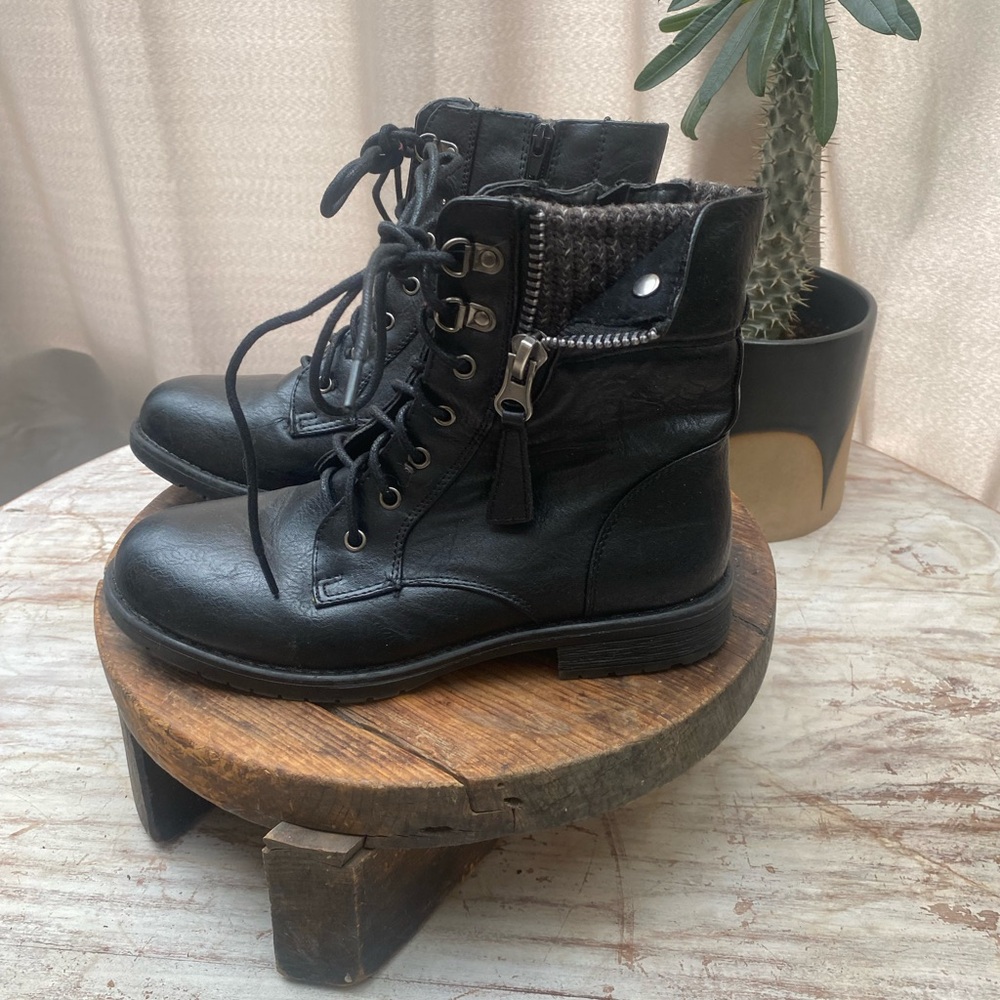 Black Lace-Up Ankle Boots with Zipper